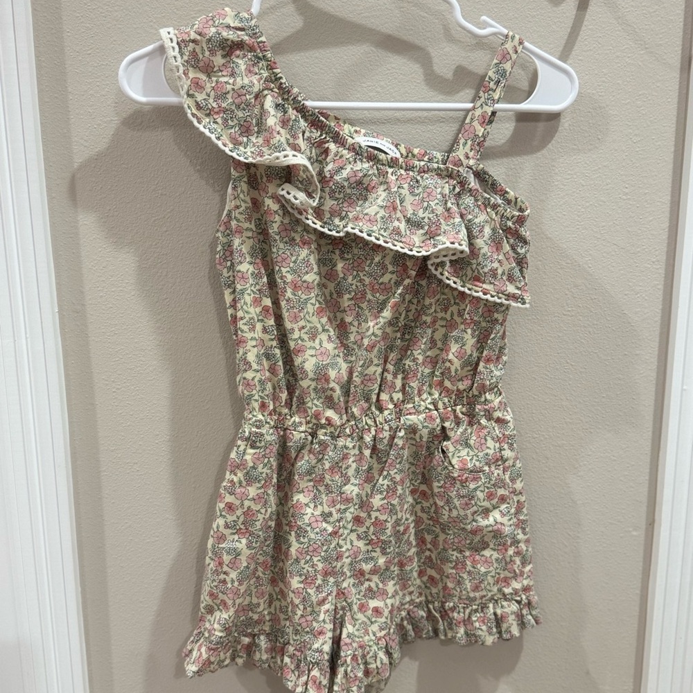 Janie and Jack Cream Romper with Pink Floral Print